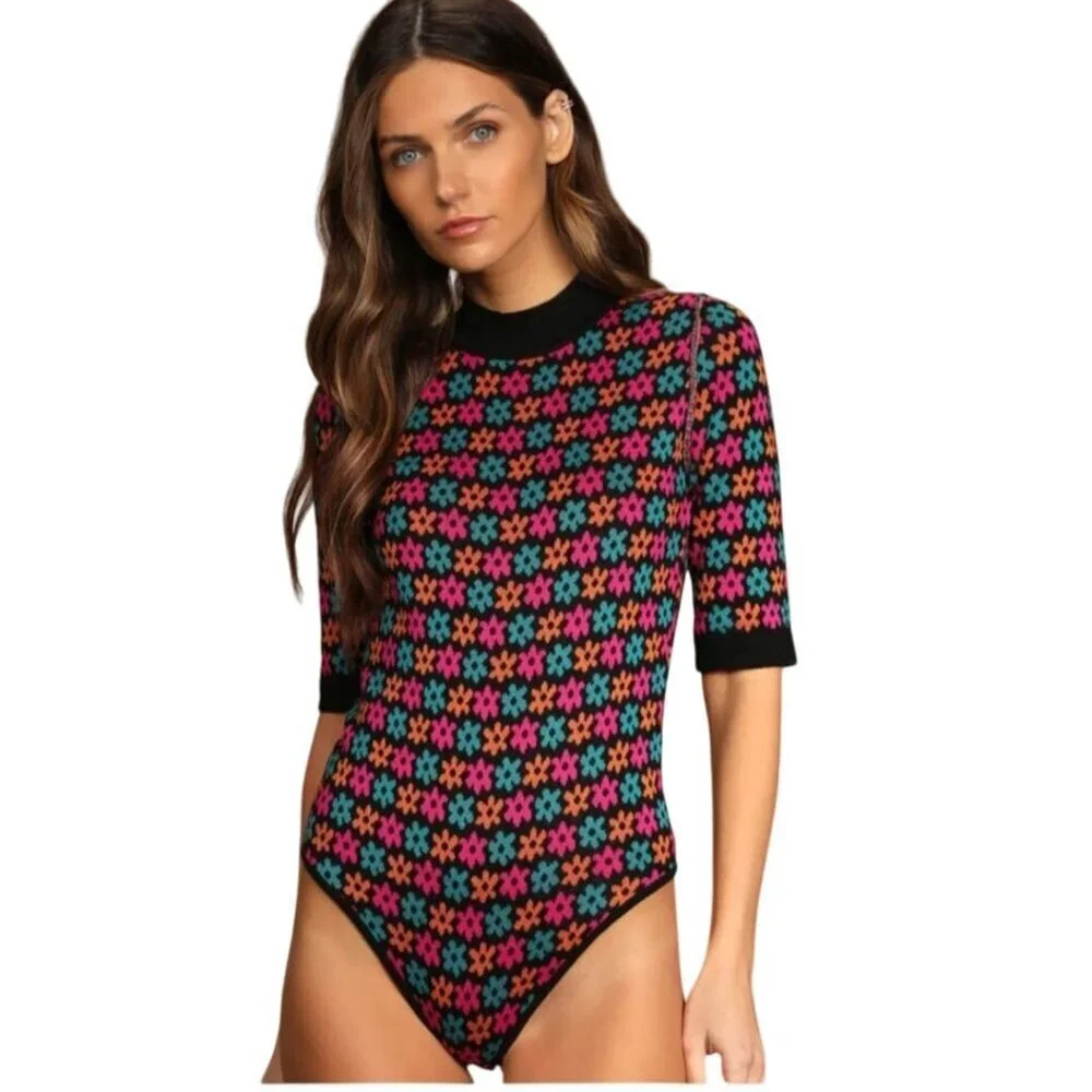 Free People Winter Warmer Bodysuit Black Motif Size XS